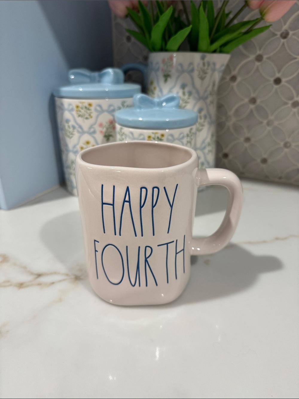Rae Dunn Happy Fourth Pink Ceramic Mug with Blue Lettering